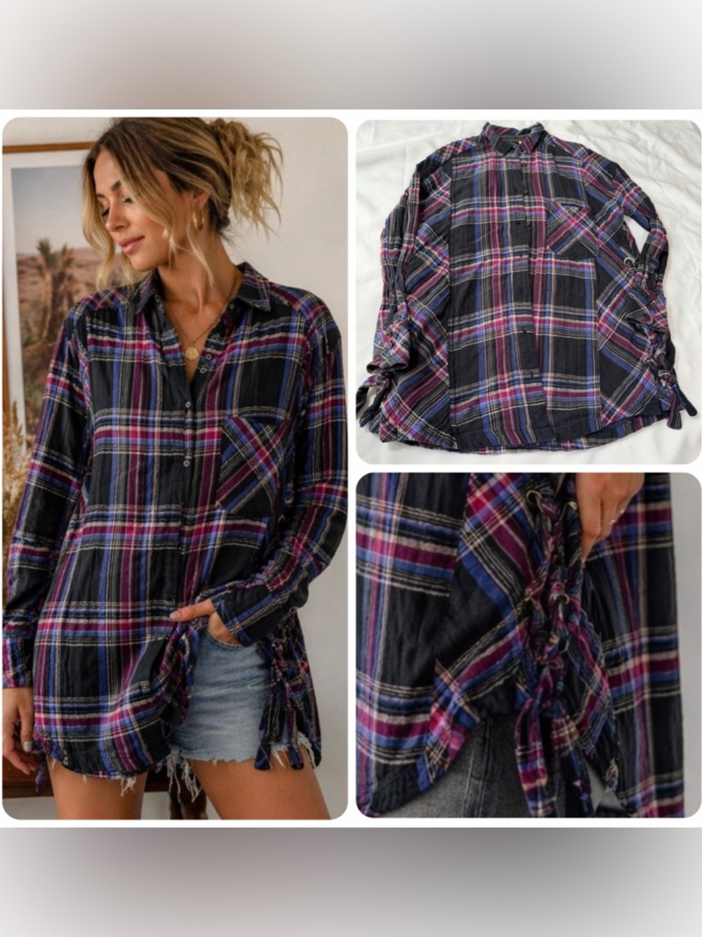 Free People Cozycore Plaid Button Up Shirt Oversized Lace Up XS Grunge Boho
